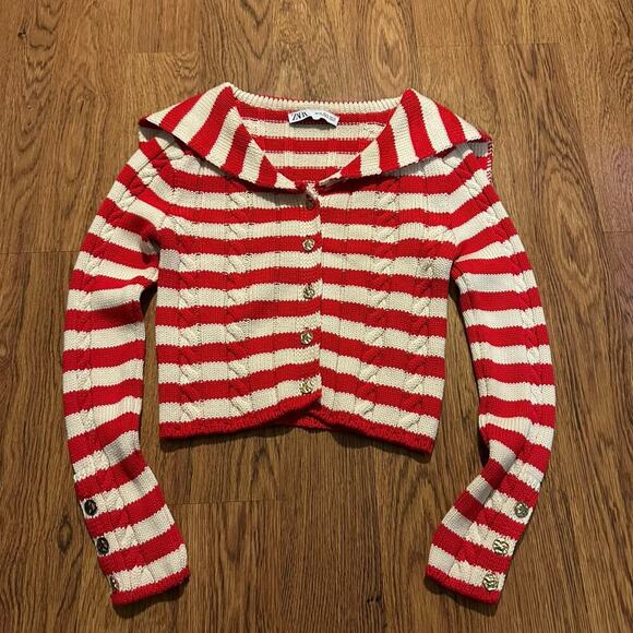 Zara red white striped cable knit long sleeve cardigan sweater XS wide collar - Picture 3 of 10